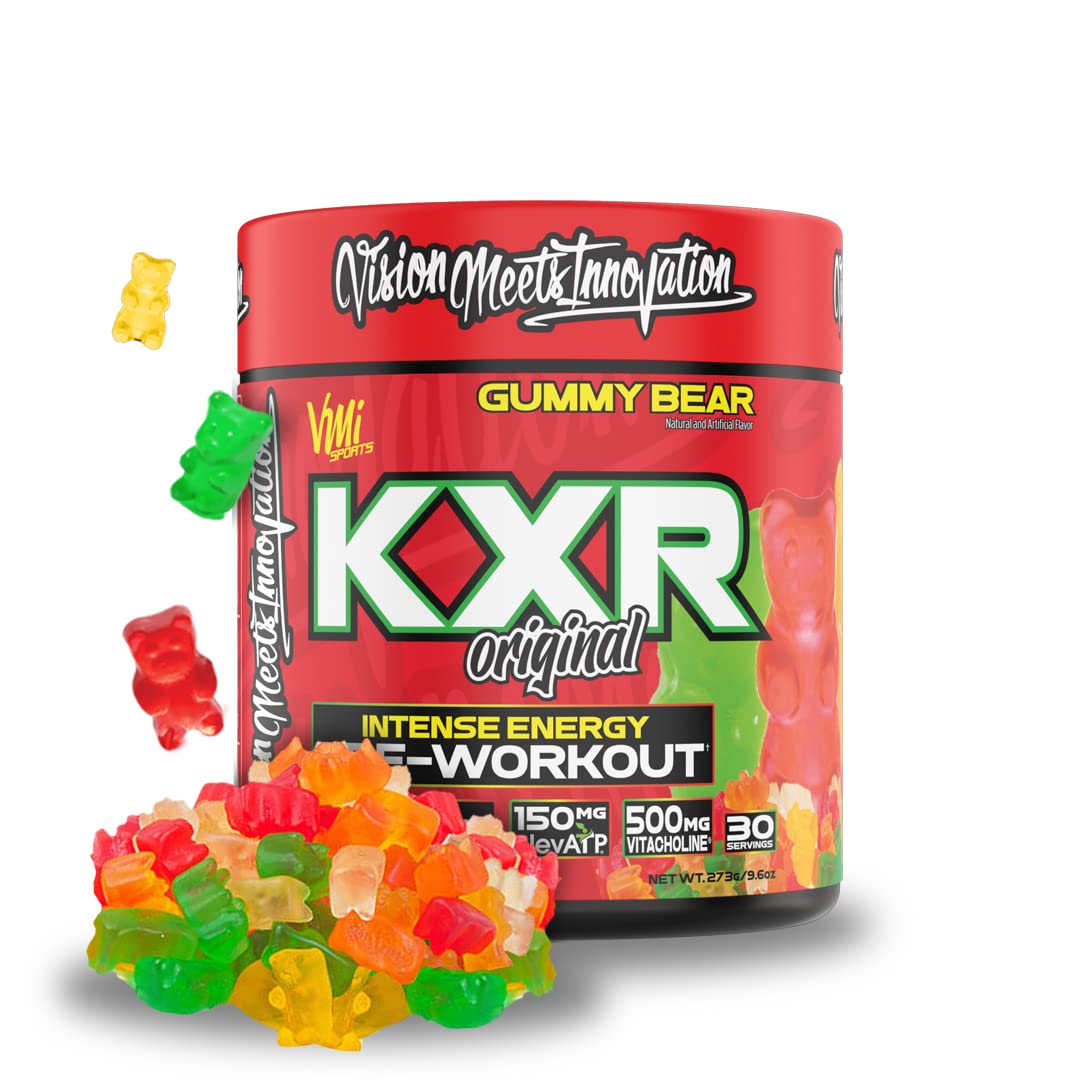 VMI Sports KXR tub front label highlights a high-energy pre-workout for focused training.