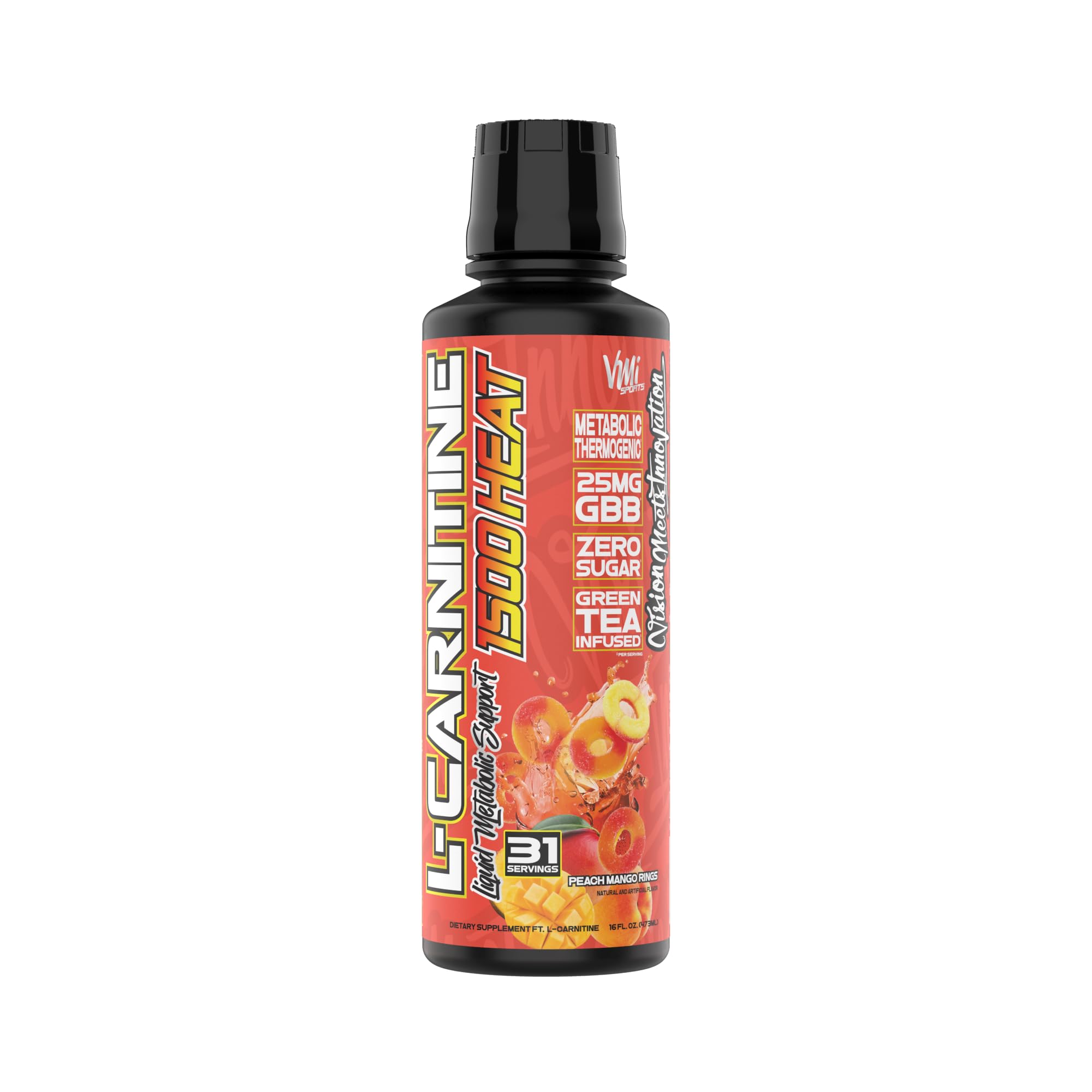 VMI Sports L-Carnitine 1500 Heat bottle showcases caffeine-free metabolic support for workouts.