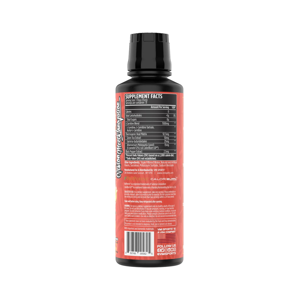 VMI Sports L-Carnitine 1500 Heat label closeup explains 1500 mg blend and natural extracts.