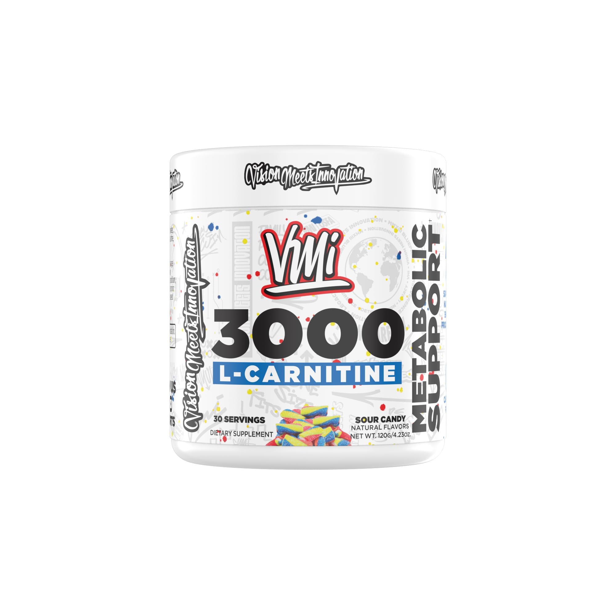 VMI Sports L-Carnitine 3000 Powder bottle and scoop, 30 servings, Sour Candy flavor