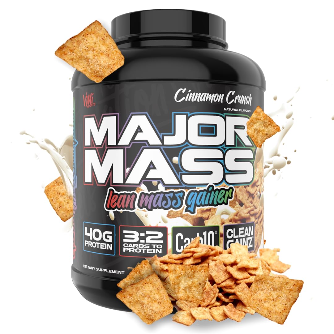 VMI Sports Major Mass Cinnamon Crunch serving scoop supports lean muscle growth.