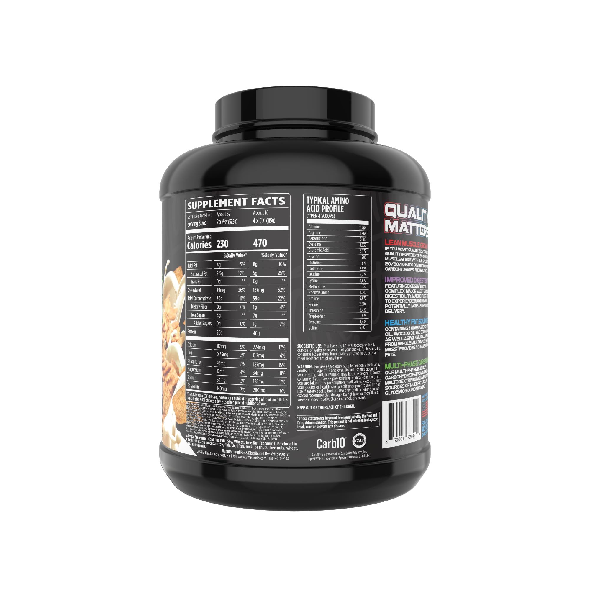 VMI Sports Major Mass Cinnamon Crunch nutrition label highlights macros for athletes.