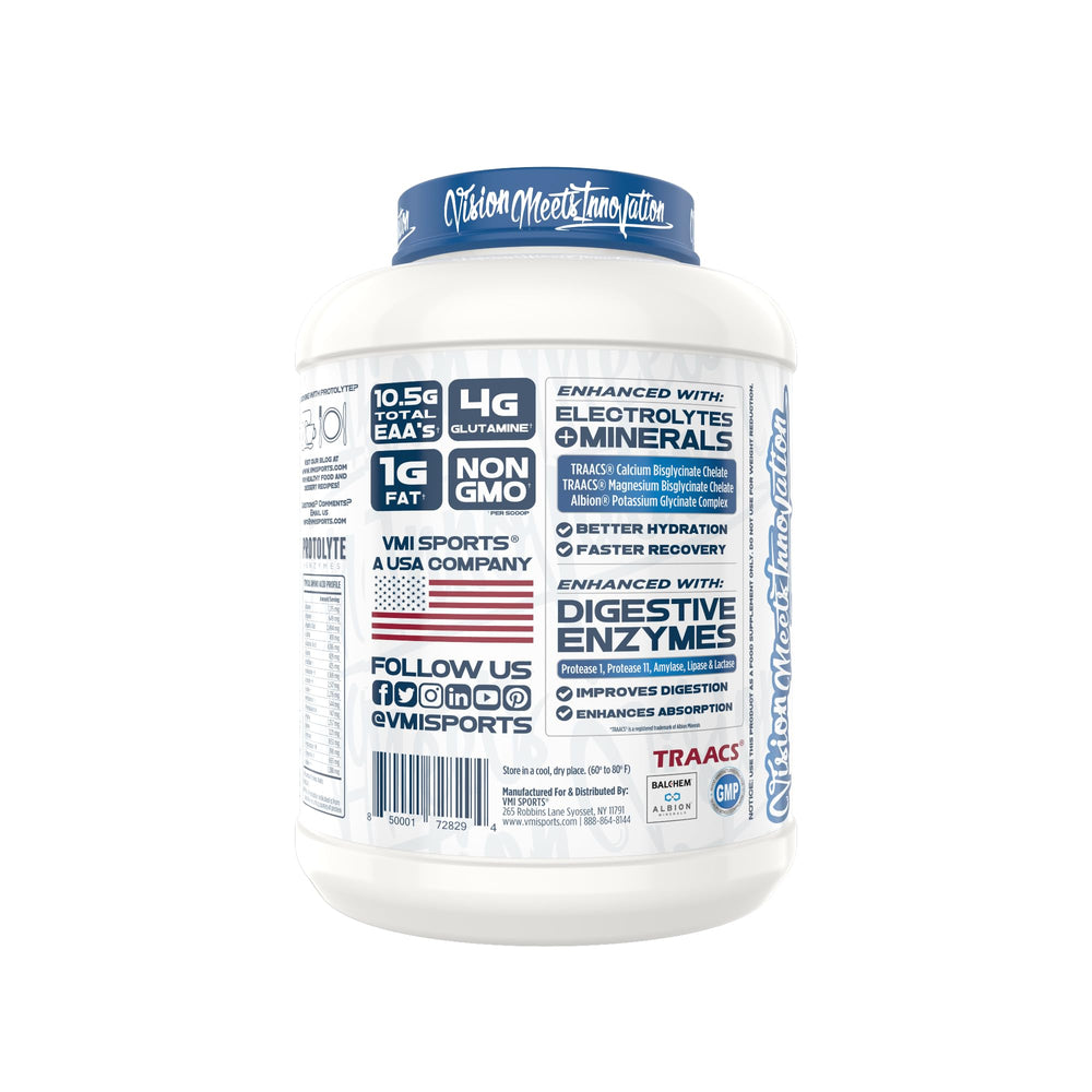 Back label on ProtoLyte tub shows non-GMO formula and digestive enzymes.