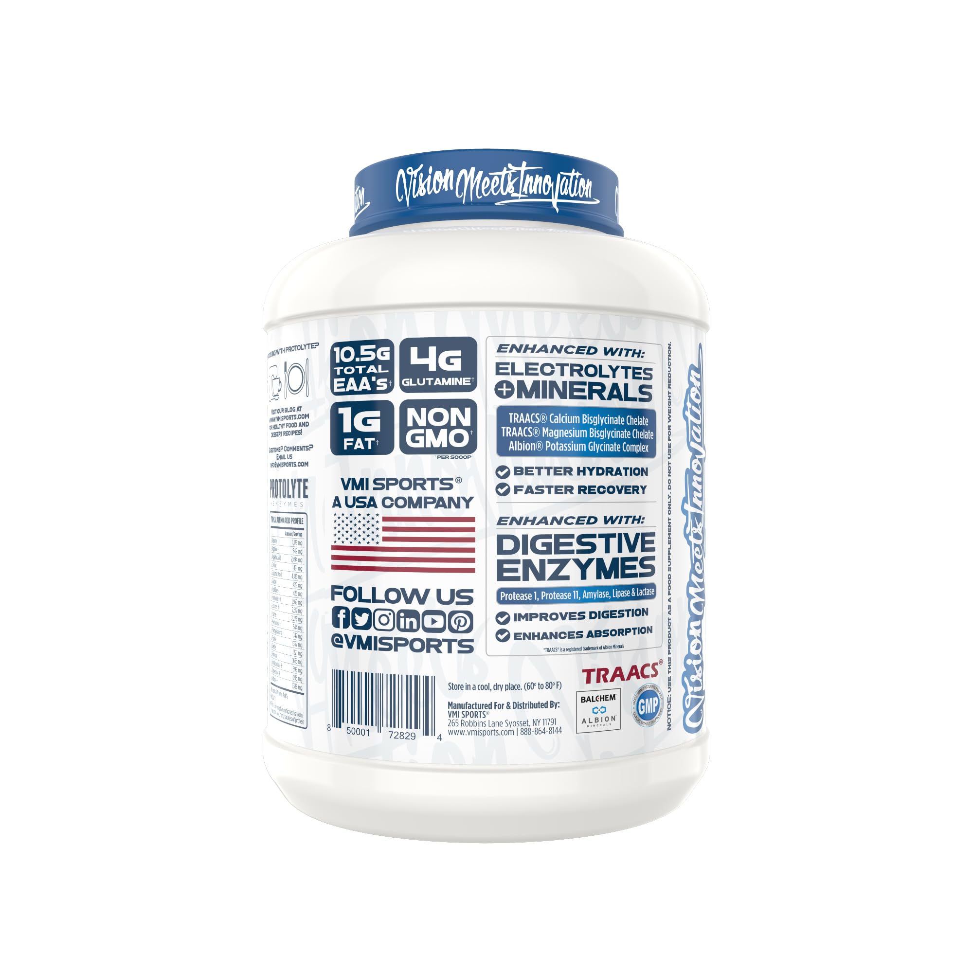 Back label on ProtoLyte tub shows non-GMO formula and digestive enzymes.