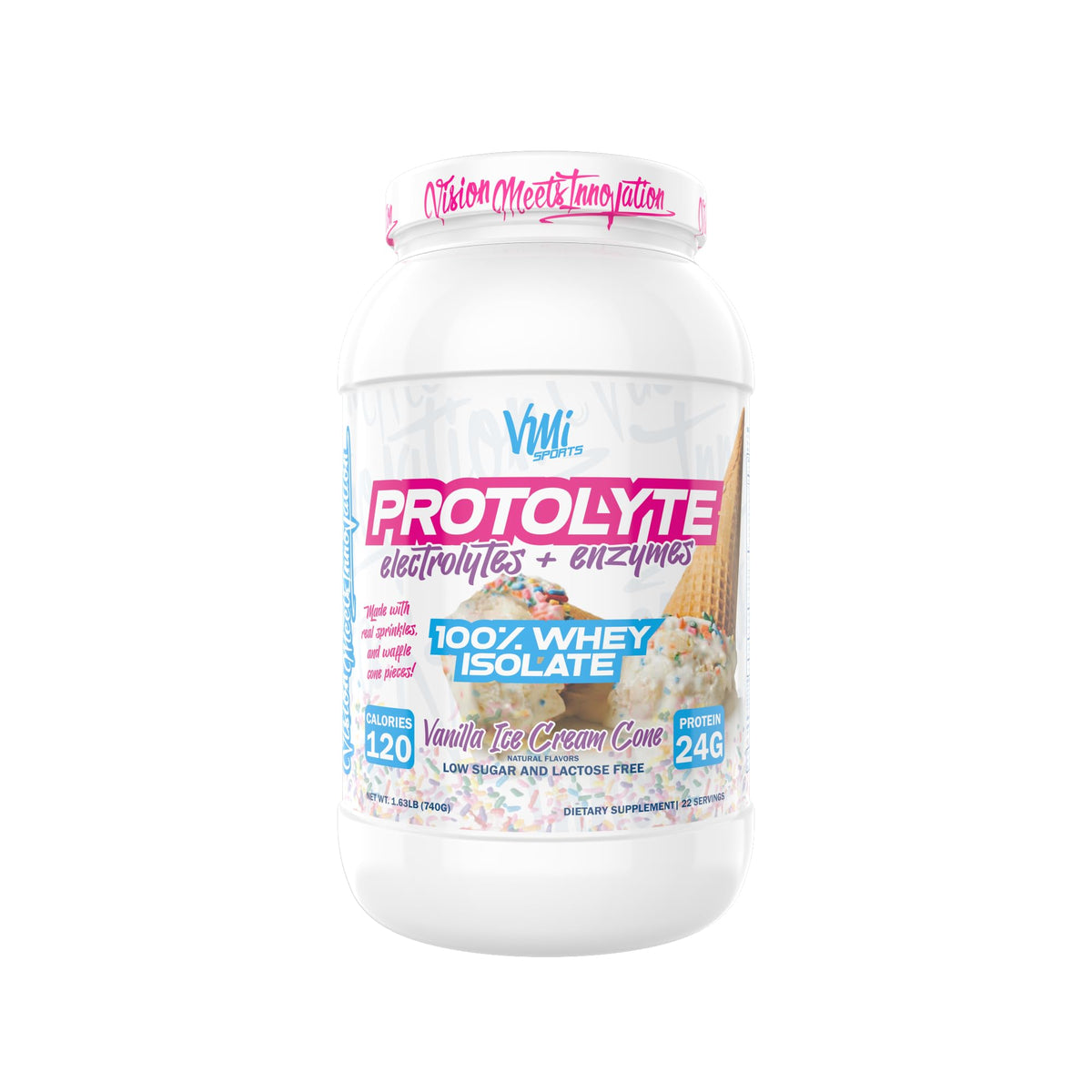 VMI Sports ProtoLyte whey isolate bottle with vanilla supports lean muscle and recovery.