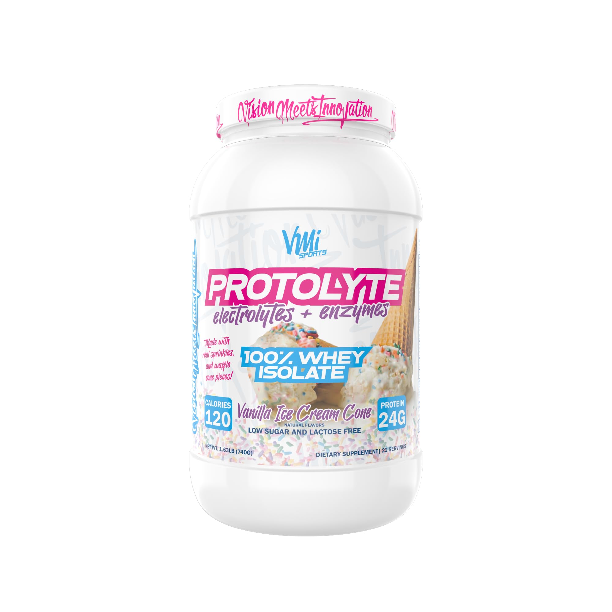 VMI Sports ProtoLyte whey isolate bottle with vanilla supports lean muscle and recovery.