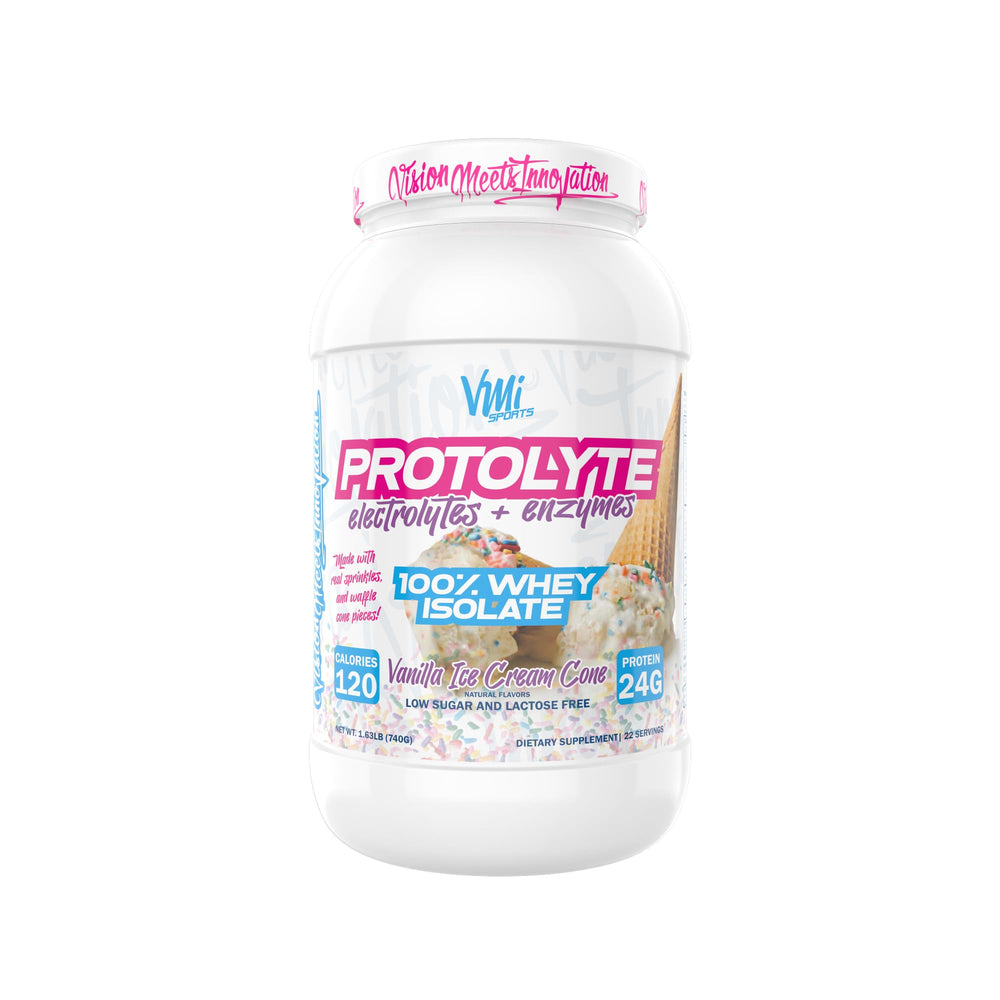 VMI Sports ProtoLyte whey isolate bottle with vanilla supports lean muscle and recovery.