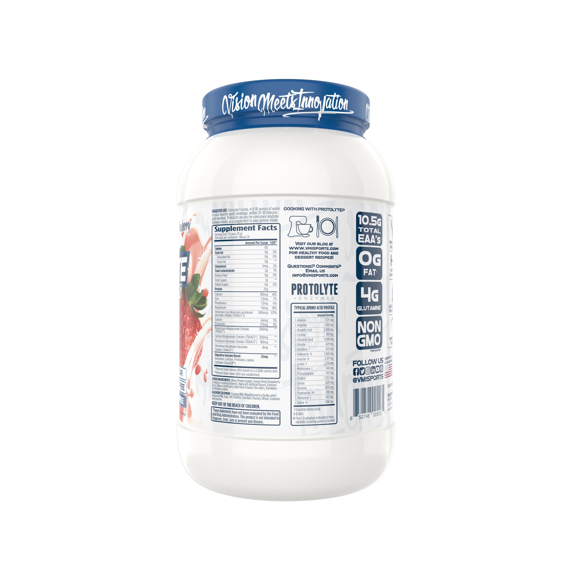 VMI Sports ProtoLyte strawberry flavor bottle showcases non-GMO formula appeal