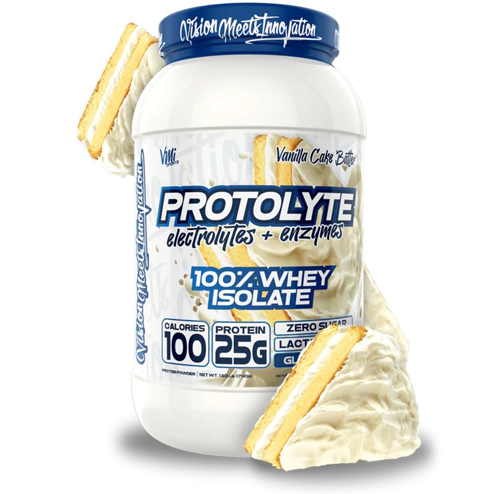 VMI Sports ProtoLyte Whey Isolate Vanilla Cake Batter scoop for post-workout lean-muscle support.
