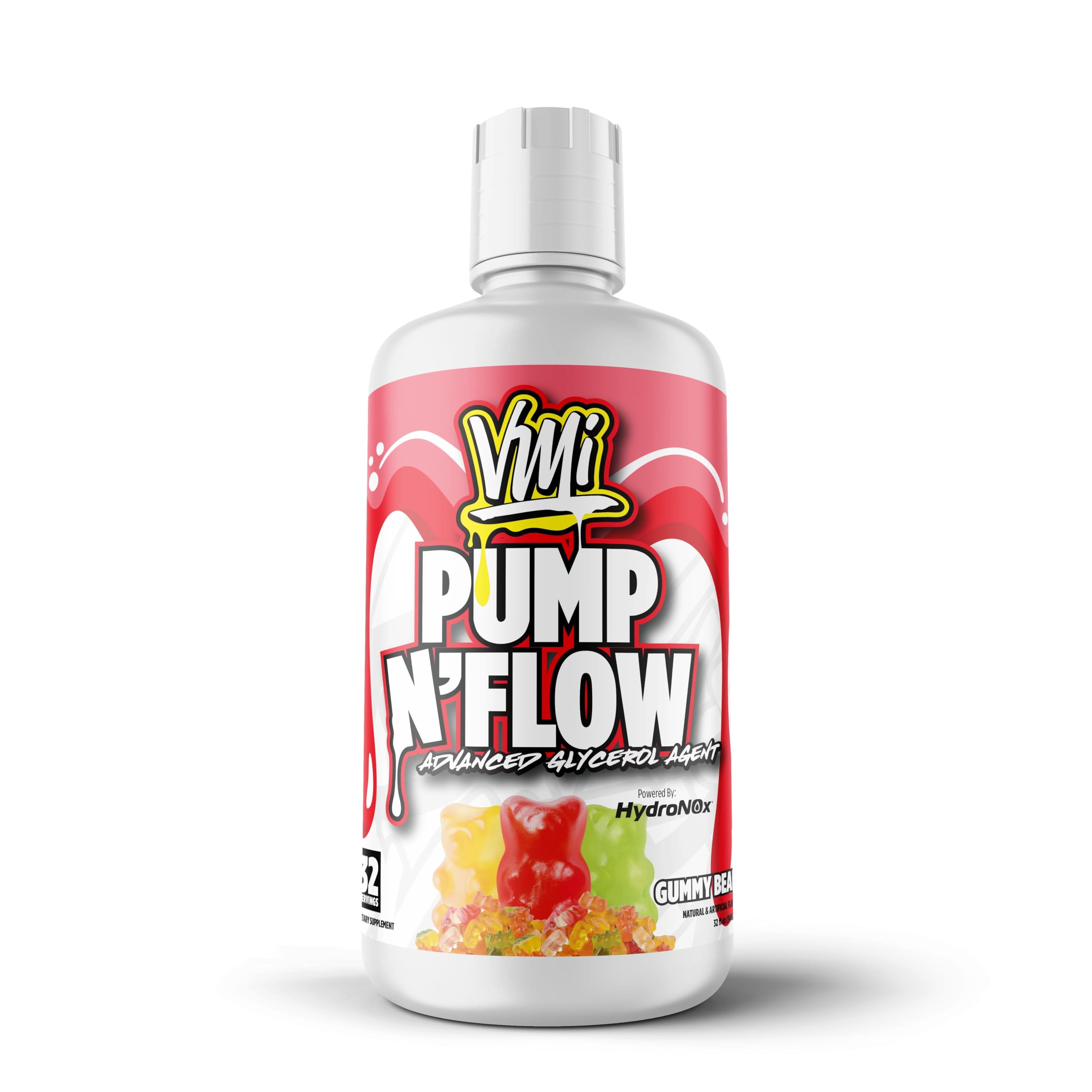 VMI Sports Pump N Flow bottle pour showing stimulant-free hydration and intense pumps