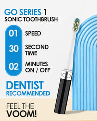 Front view of Voom Sonic Go 1 Series travel toothbrush in black
