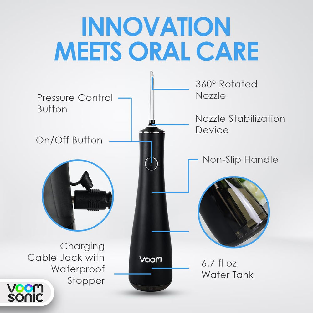 Angled view of Voom Sonic Monsoon water flosser in black