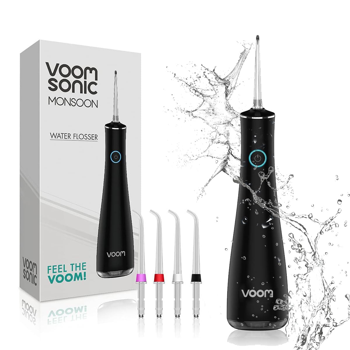 Front view of Voom Sonic Monsoon cordless water flosser in black