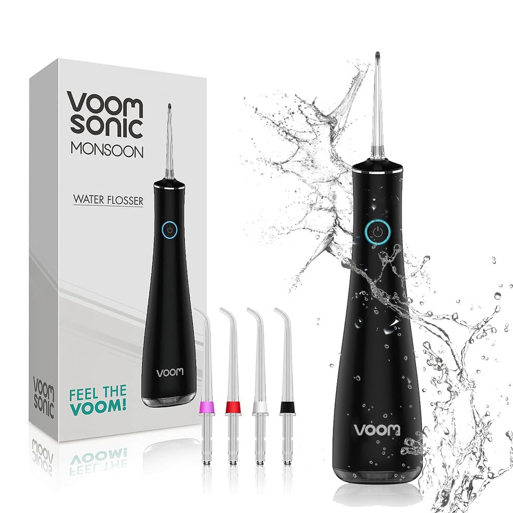 Front view of Voom Sonic Monsoon cordless water flosser in black