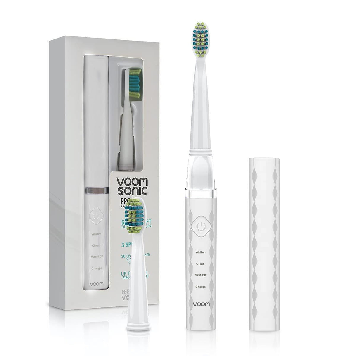 Front view of Voom Sonic Pro 3 Rechargeable Toothbrush in white