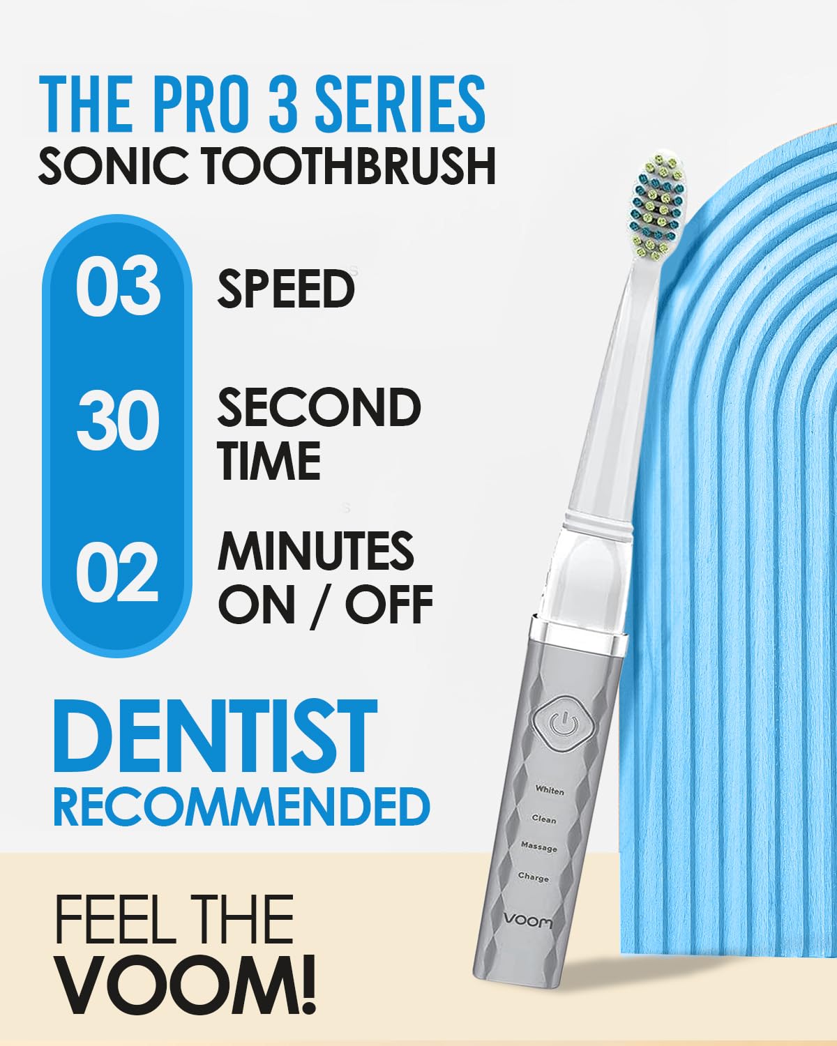 Top view of Voom Sonic Pro 3 toothbrush in silver