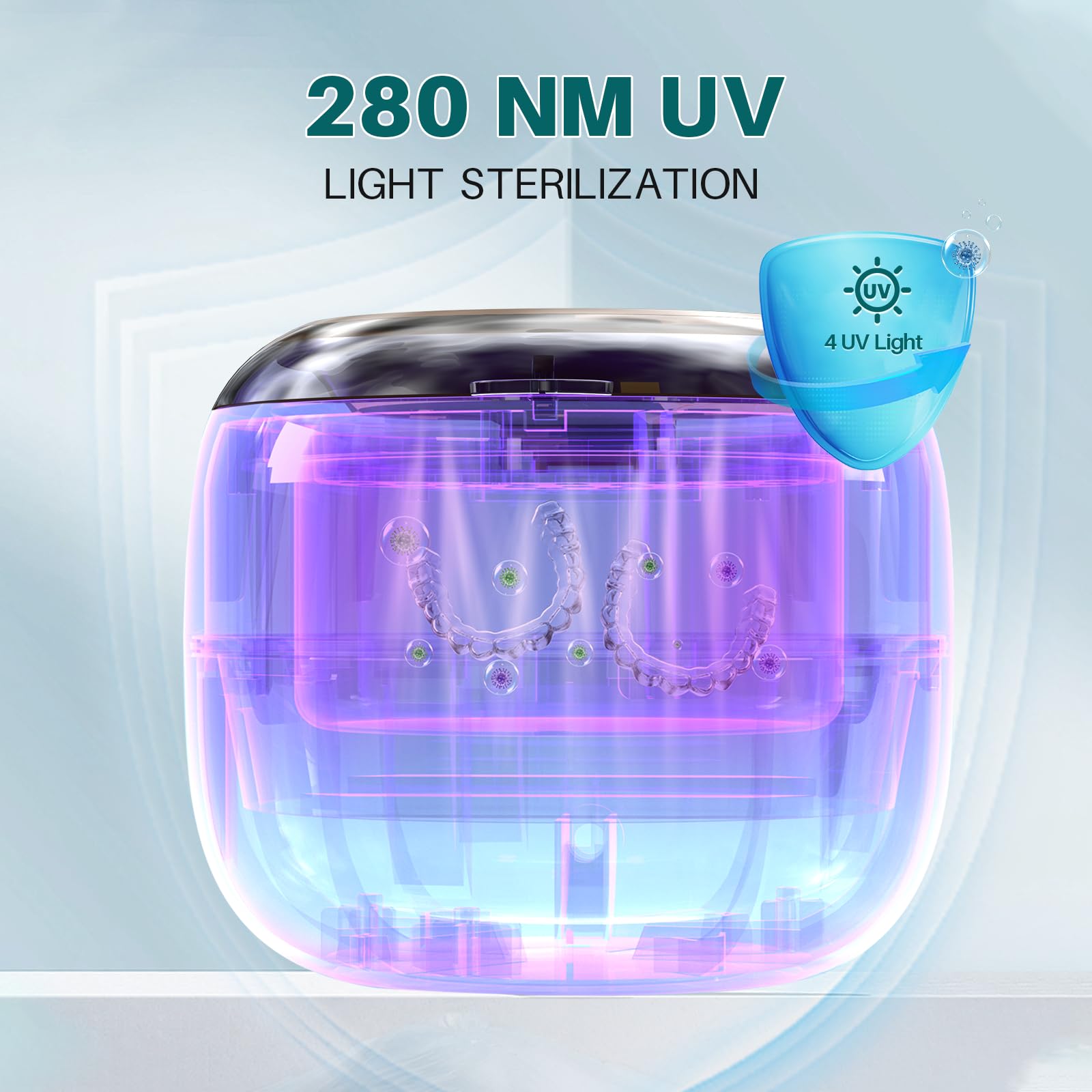 Close-up of 45kHz ultrasonic cleaning action for dentures, aligners and retainers