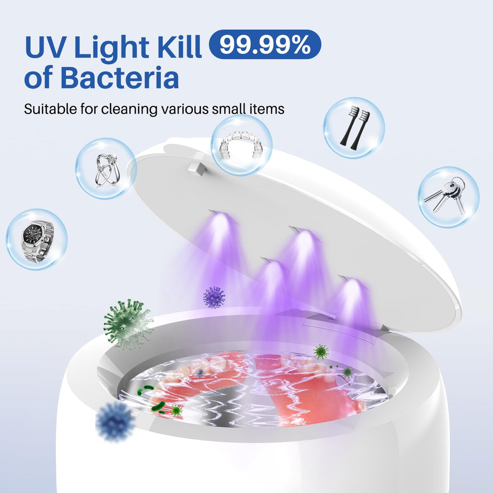 Cleaning dentures, rings, and jewelry with the device
