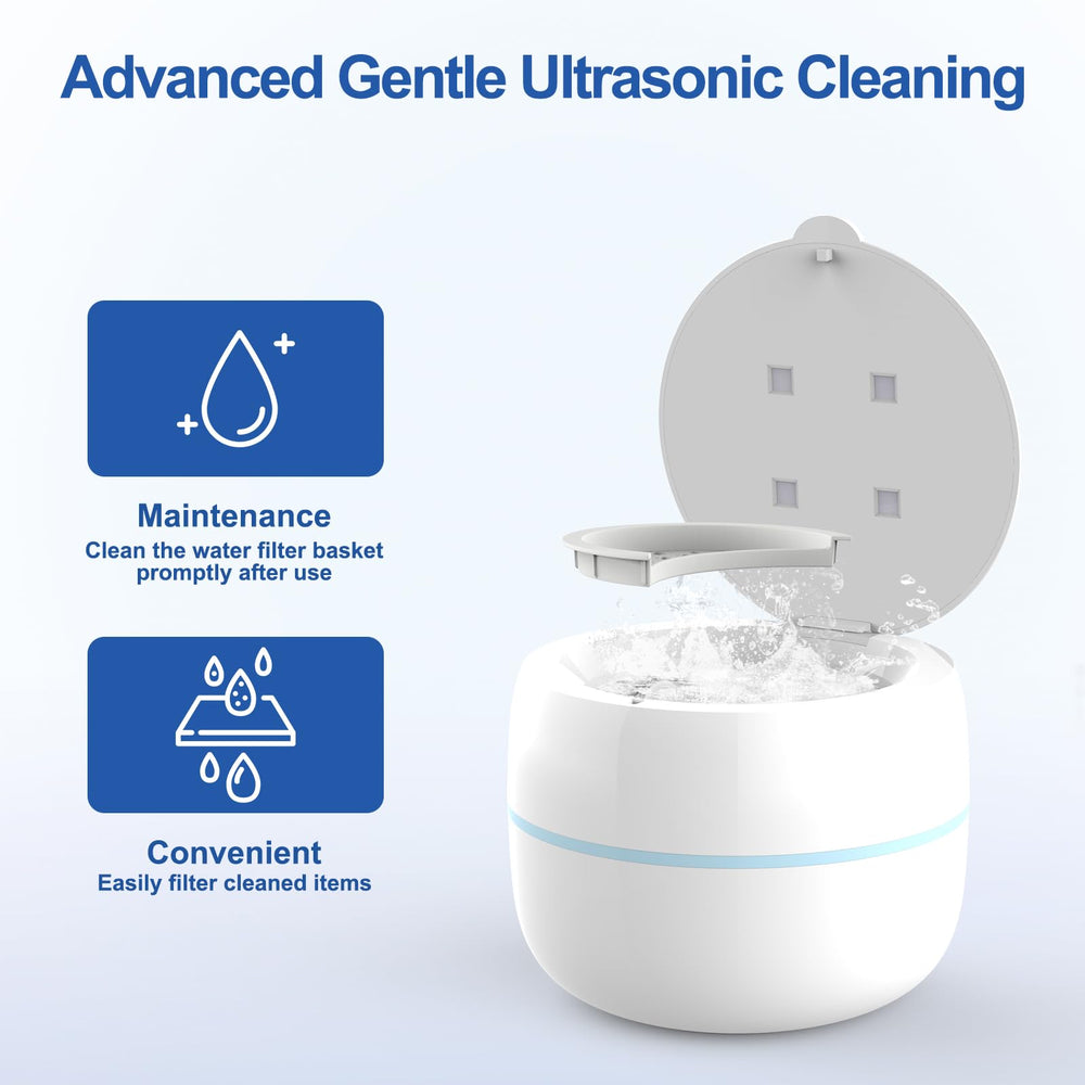 Package contents: cleaner, power adapter, water filter basket, brush, tweezers, manual