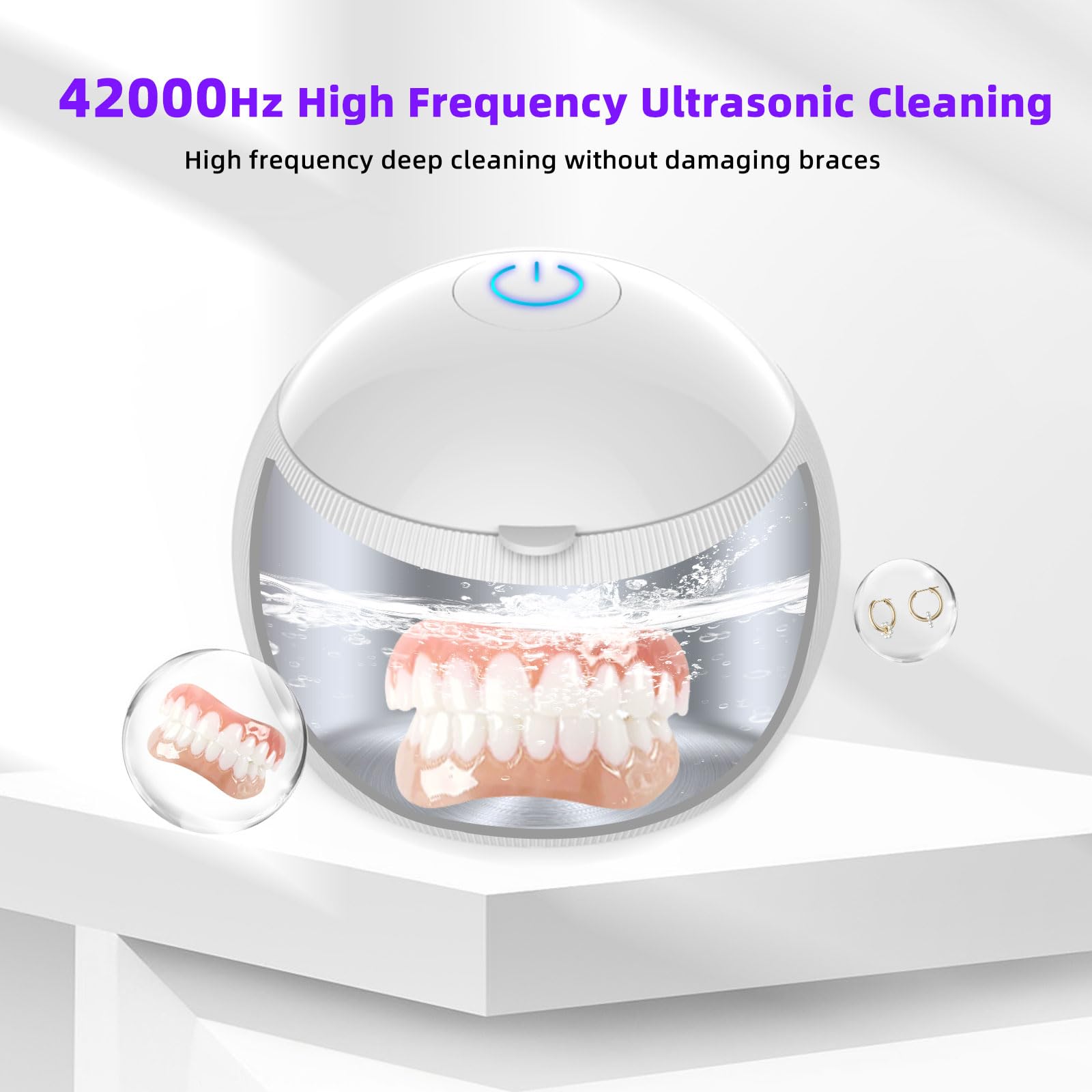 Dentures being cleaned by ultrasonic UV cleaner