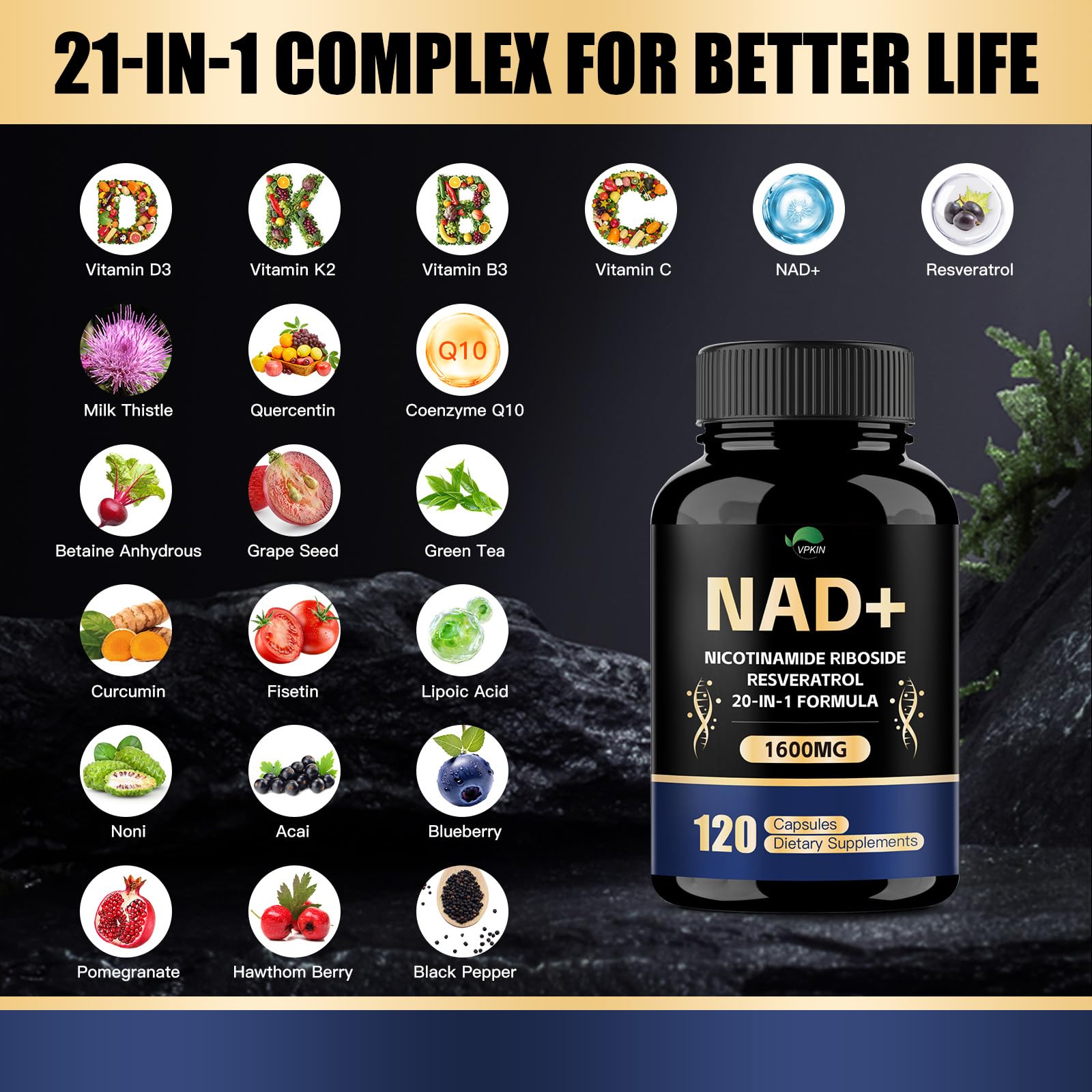 NAD+ supplement capsules arranged for display