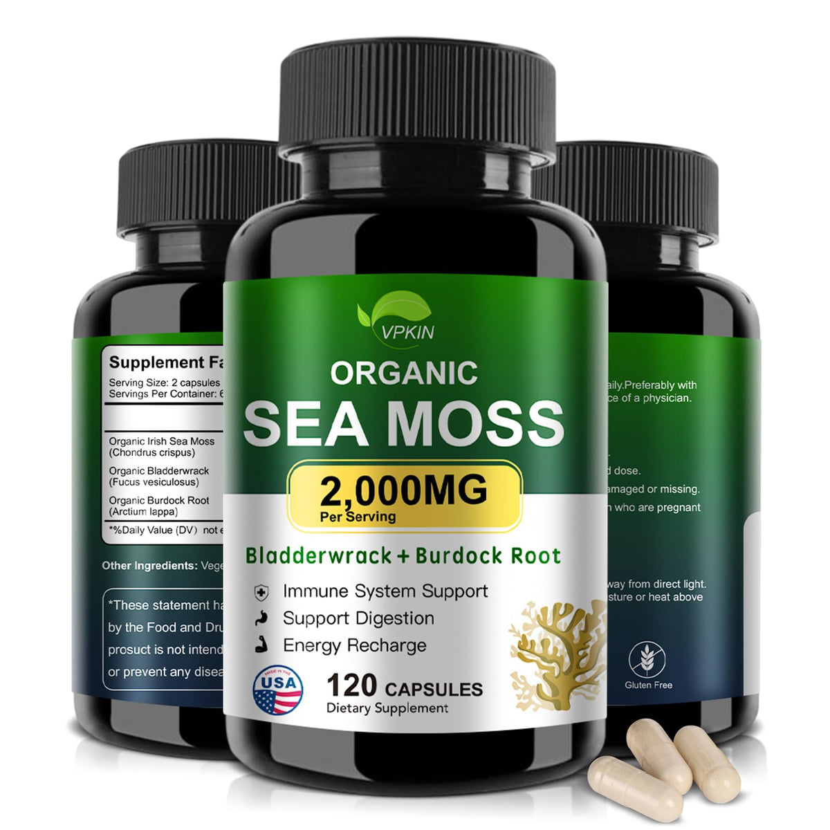 Bottle of VPKIN Organic Sea Moss Capsules 2000mg per serving