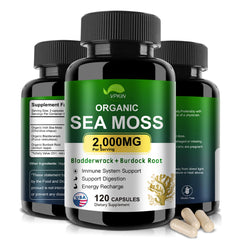 Bottle of VPKIN Organic Sea Moss Capsules 2000mg per serving