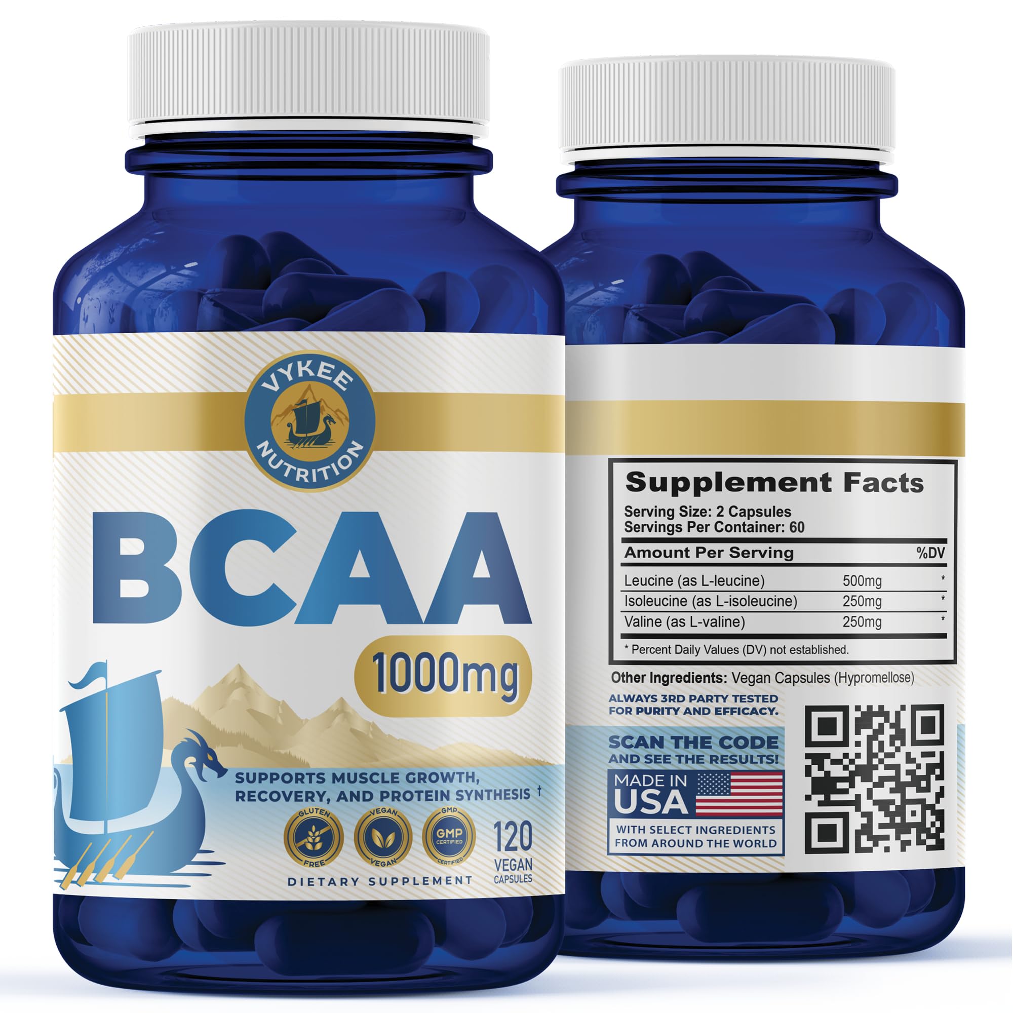 Vykee BCAA capsules bottle label showing 1000mg BCAA and 2:1:1 ratio