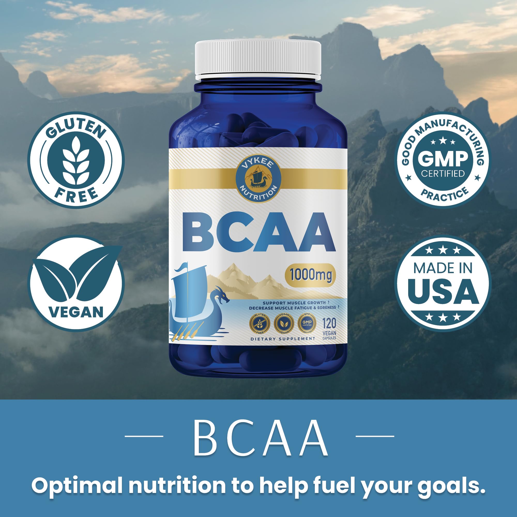 Graphic illustrating BCAA 2:1:1 ratio with 500mg Leucine, 250mg Isoleucine, 250mg Valine