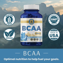 Graphic illustrating BCAA 2:1:1 ratio with 500mg Leucine, 250mg Isoleucine, 250mg Valine