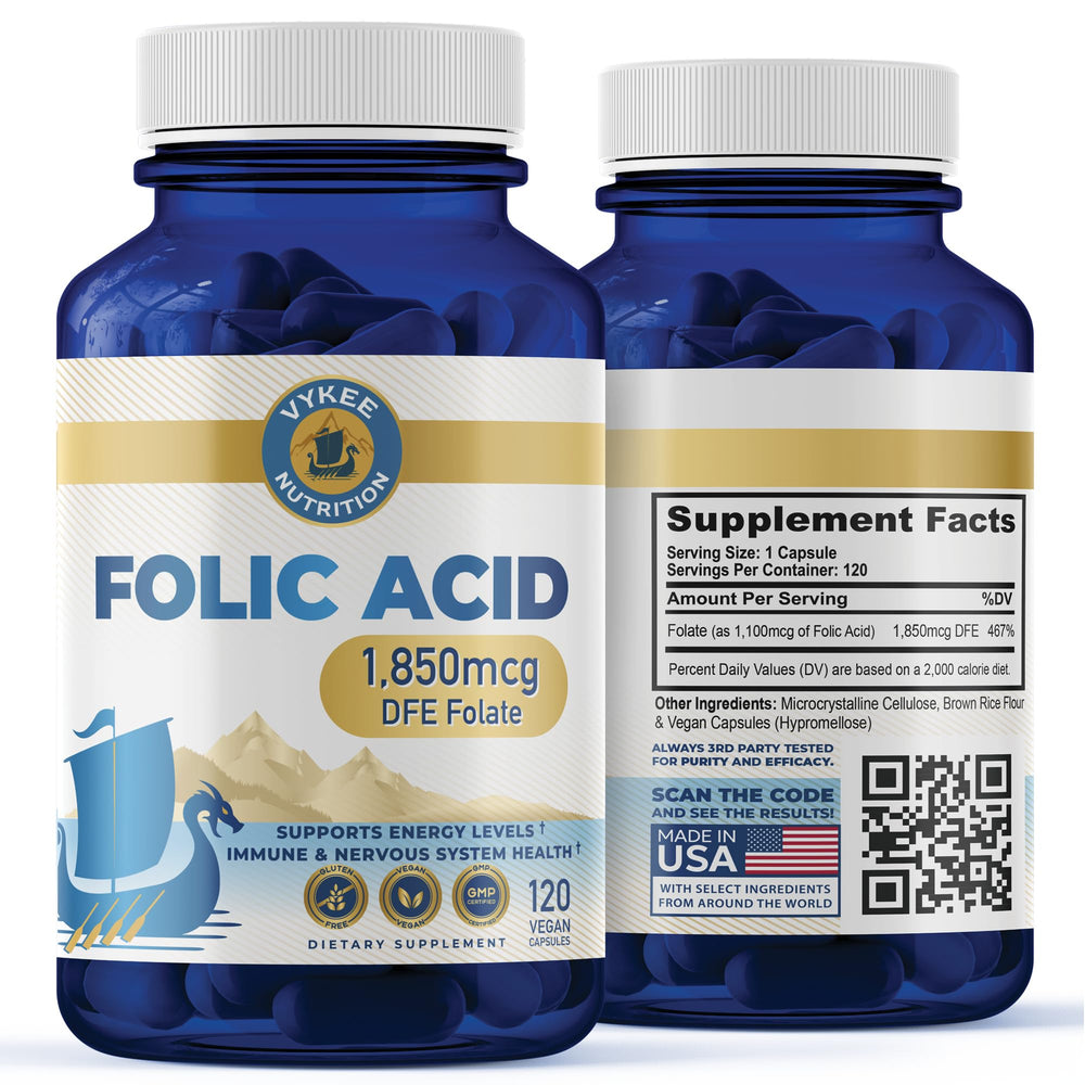 Front view of Vykee Nutrition Folic Acid supplement bottle