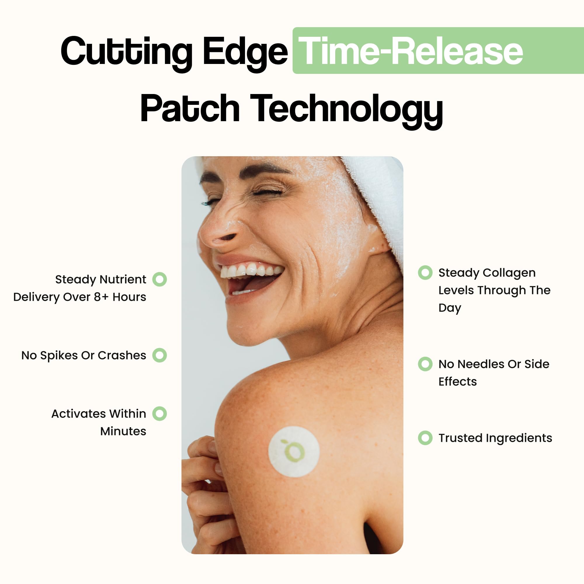 Model applying a Vytadose patch to skin during morning routine