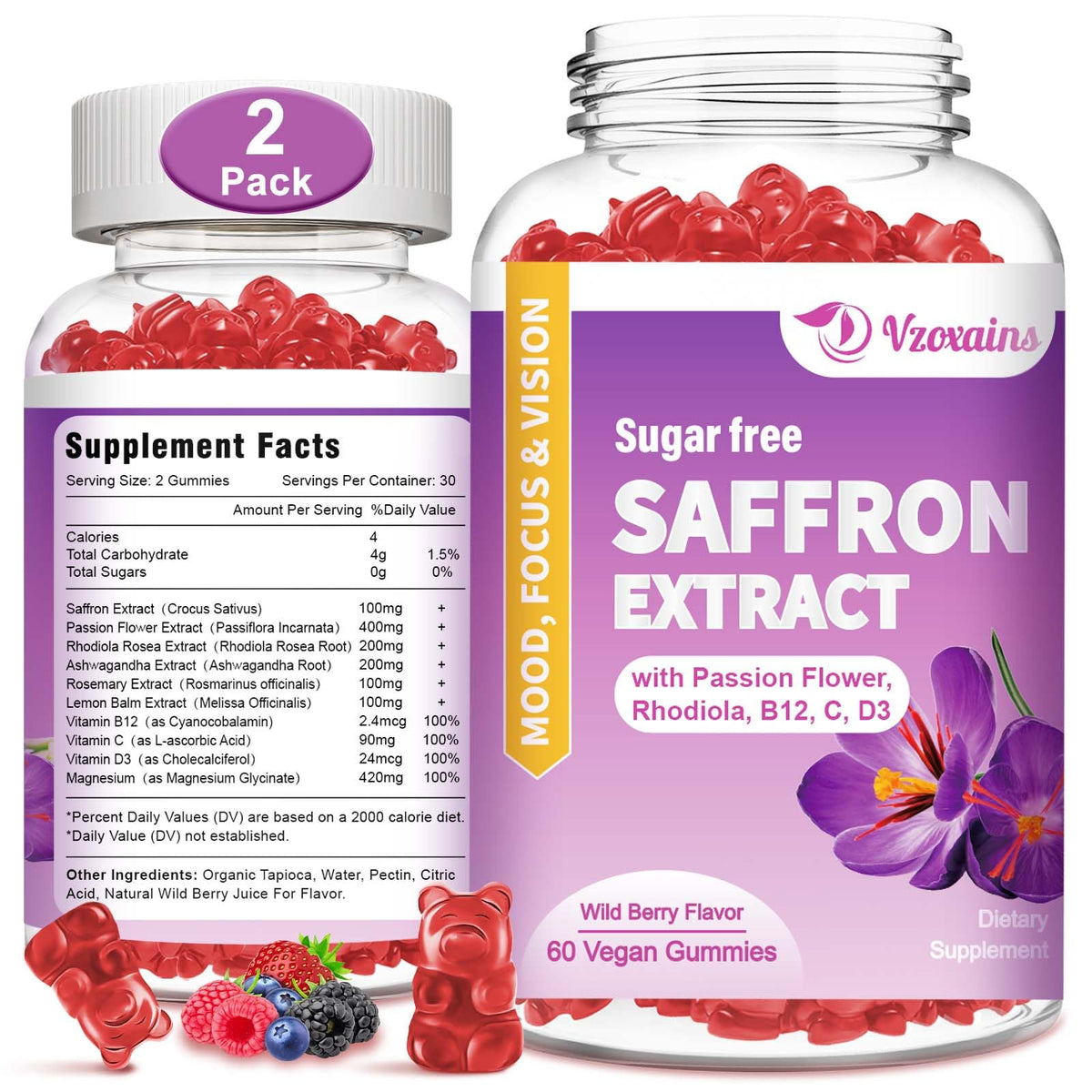 VZOXAINS Saffron Gummies main product image showing two-pack 120 count