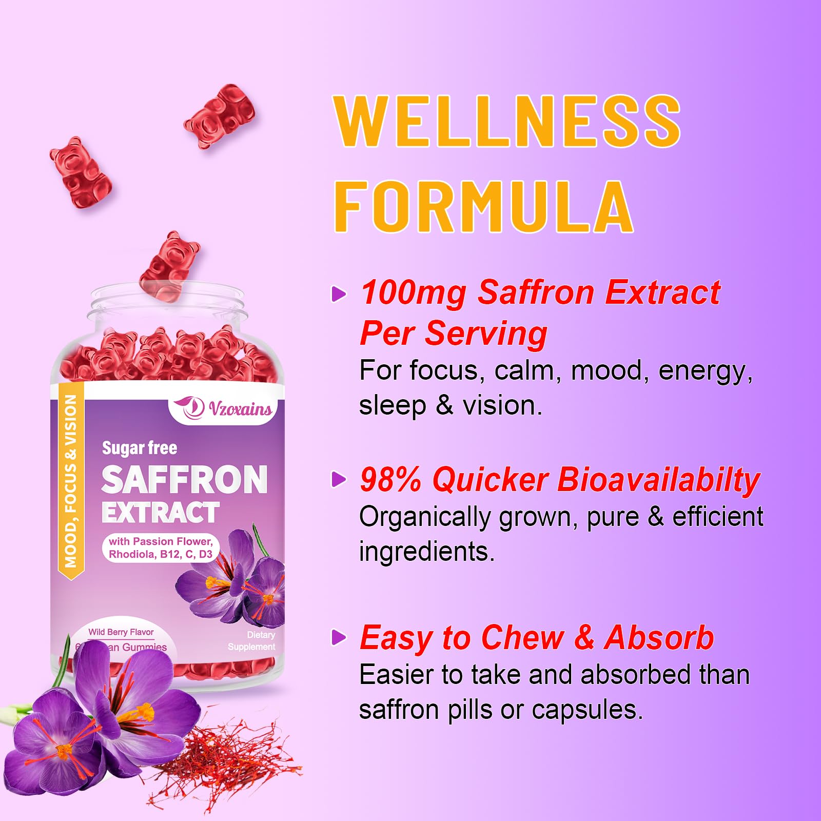 Packaging and bottle label for VZOXAINS saffron gummies