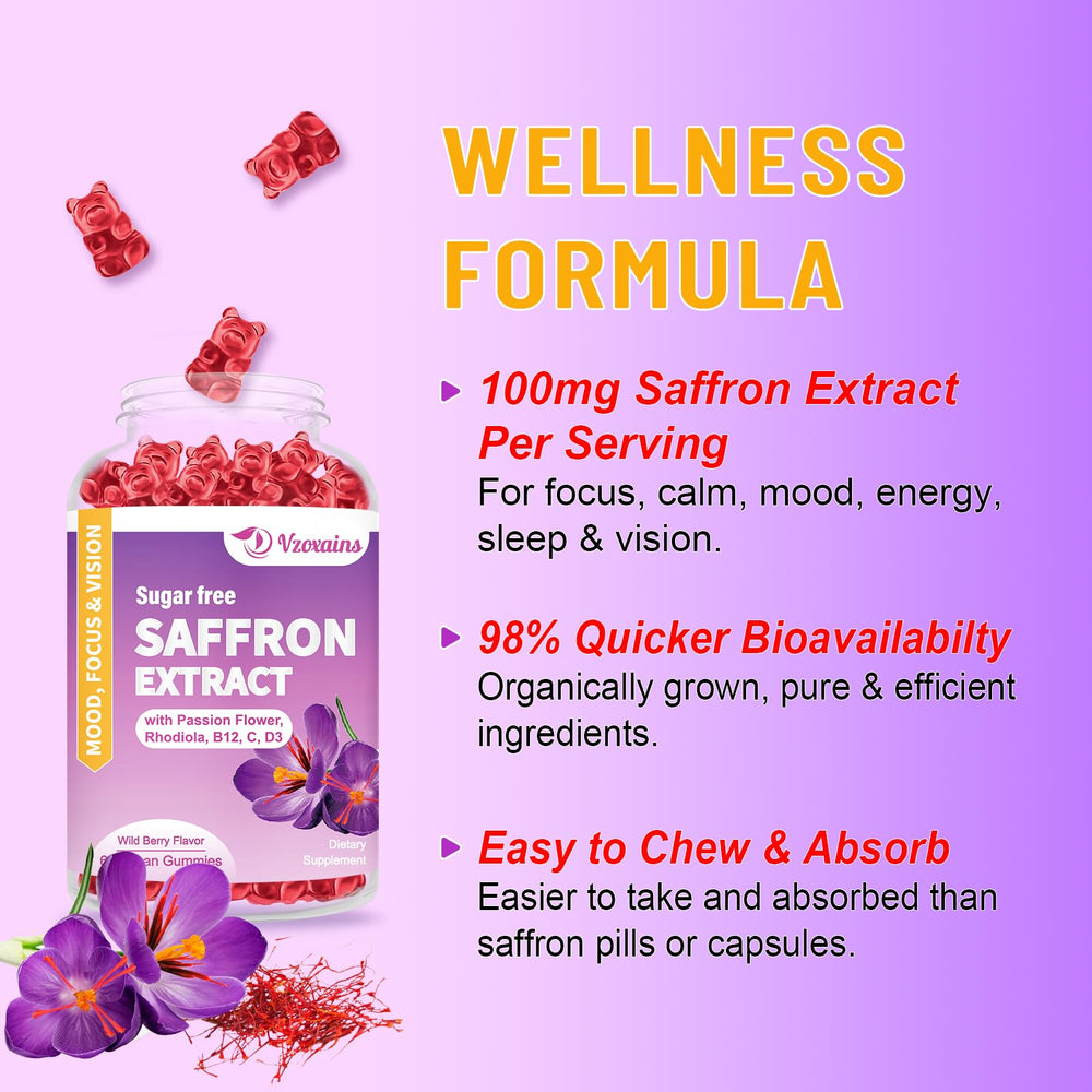 Packaging and bottle label for VZOXAINS saffron gummies
