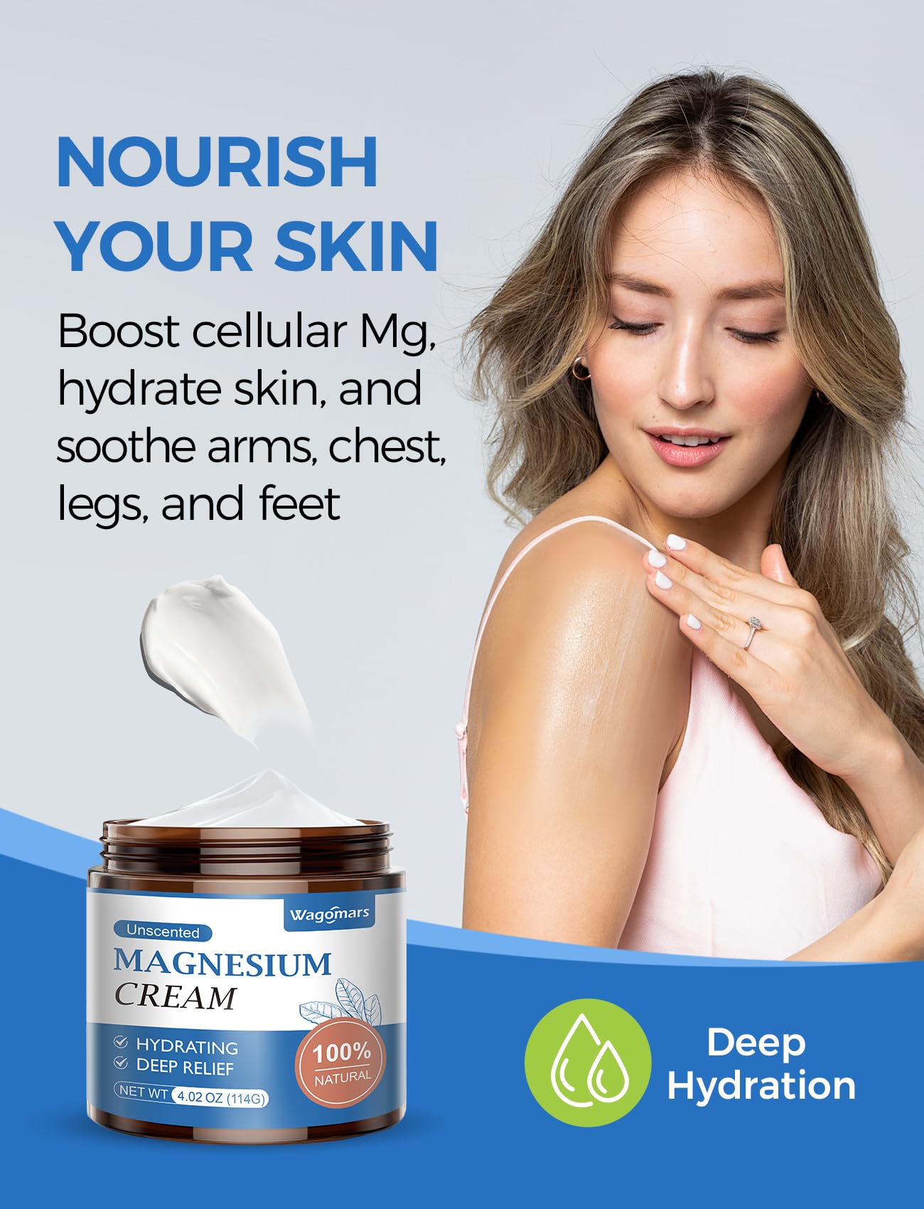 Unscented Wagomars magnesium cream with soft skincare scene