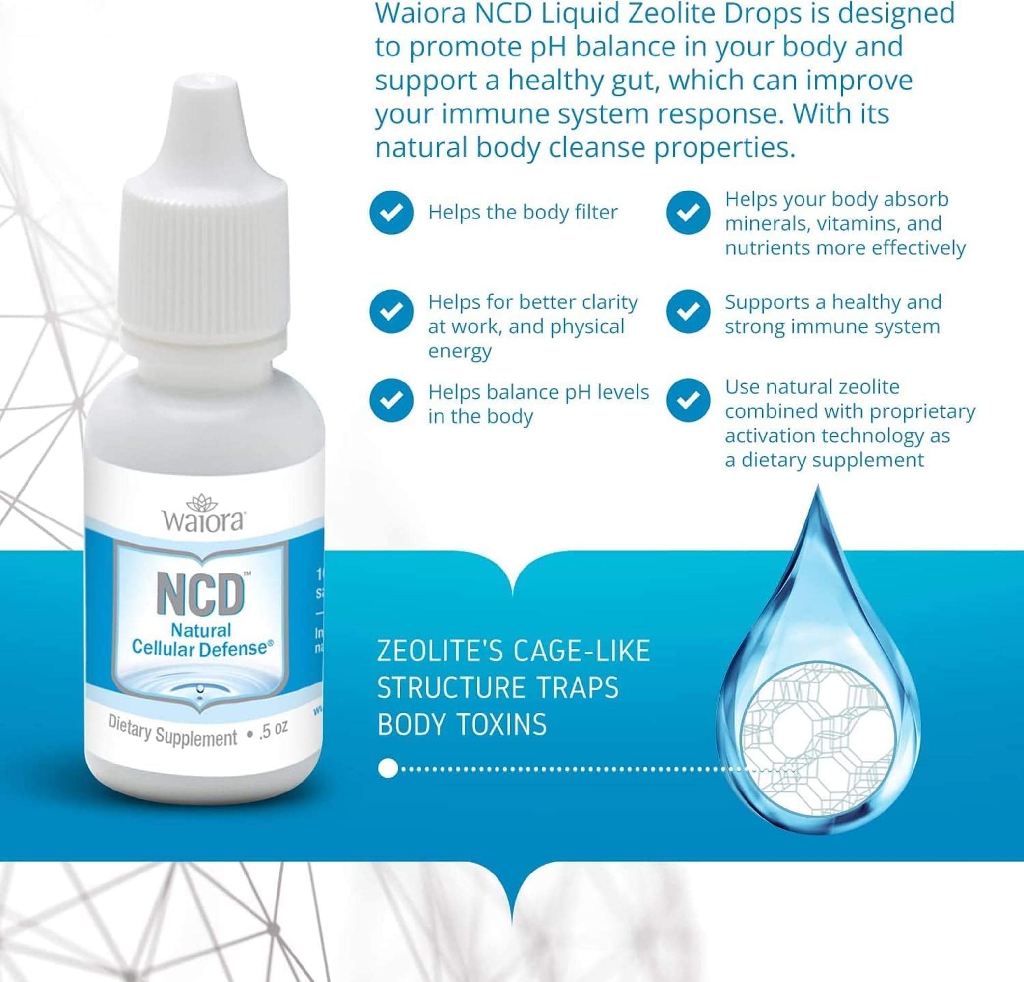 Waiora NCD Zeolite Drops label with ingredients and benefits