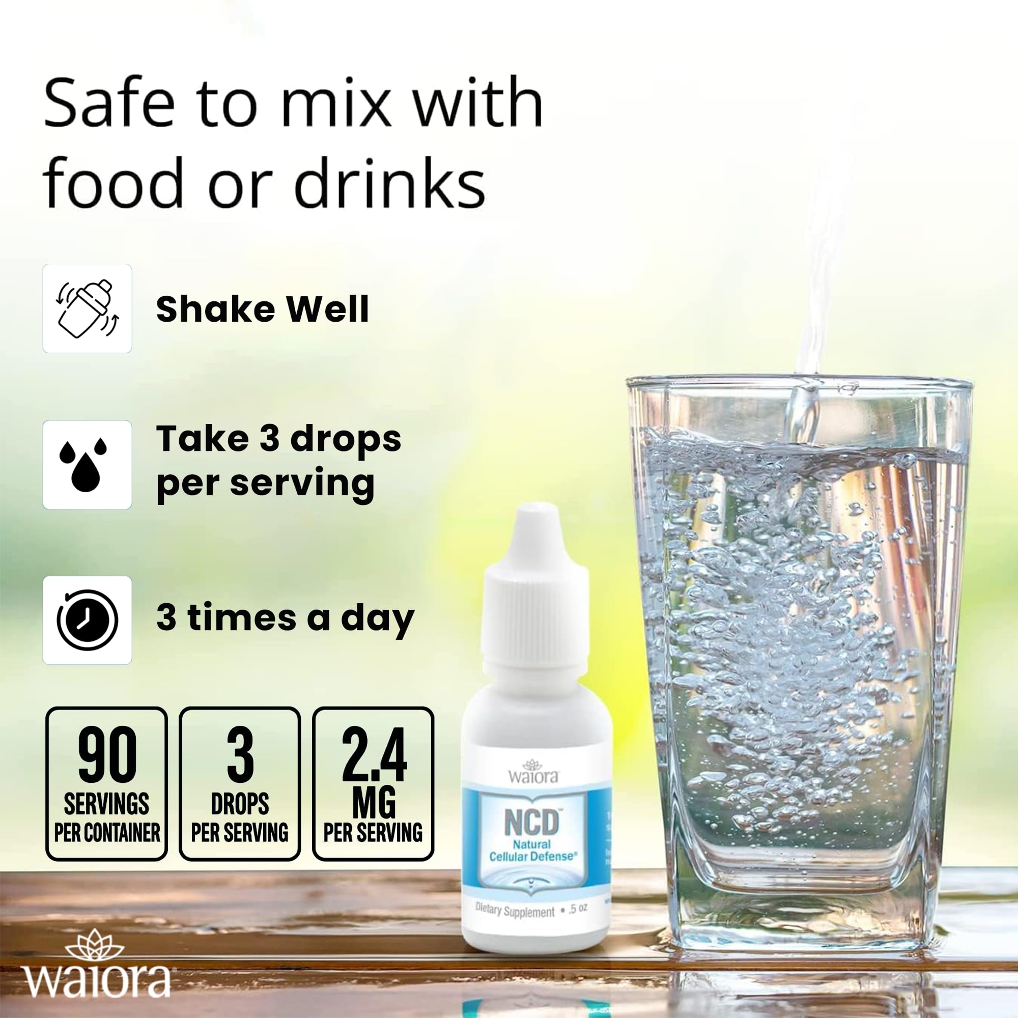 Waiora NCD Zeolite Drops beside water for hydration and balance