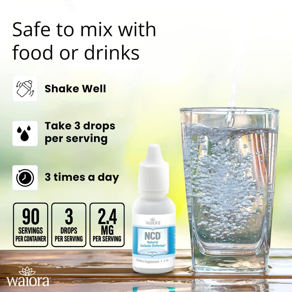 Waiora NCD Zeolite Drops beside water for hydration and balance