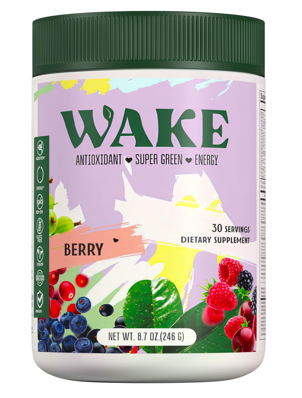 Wake Greens Berry flavor packaging with scoop