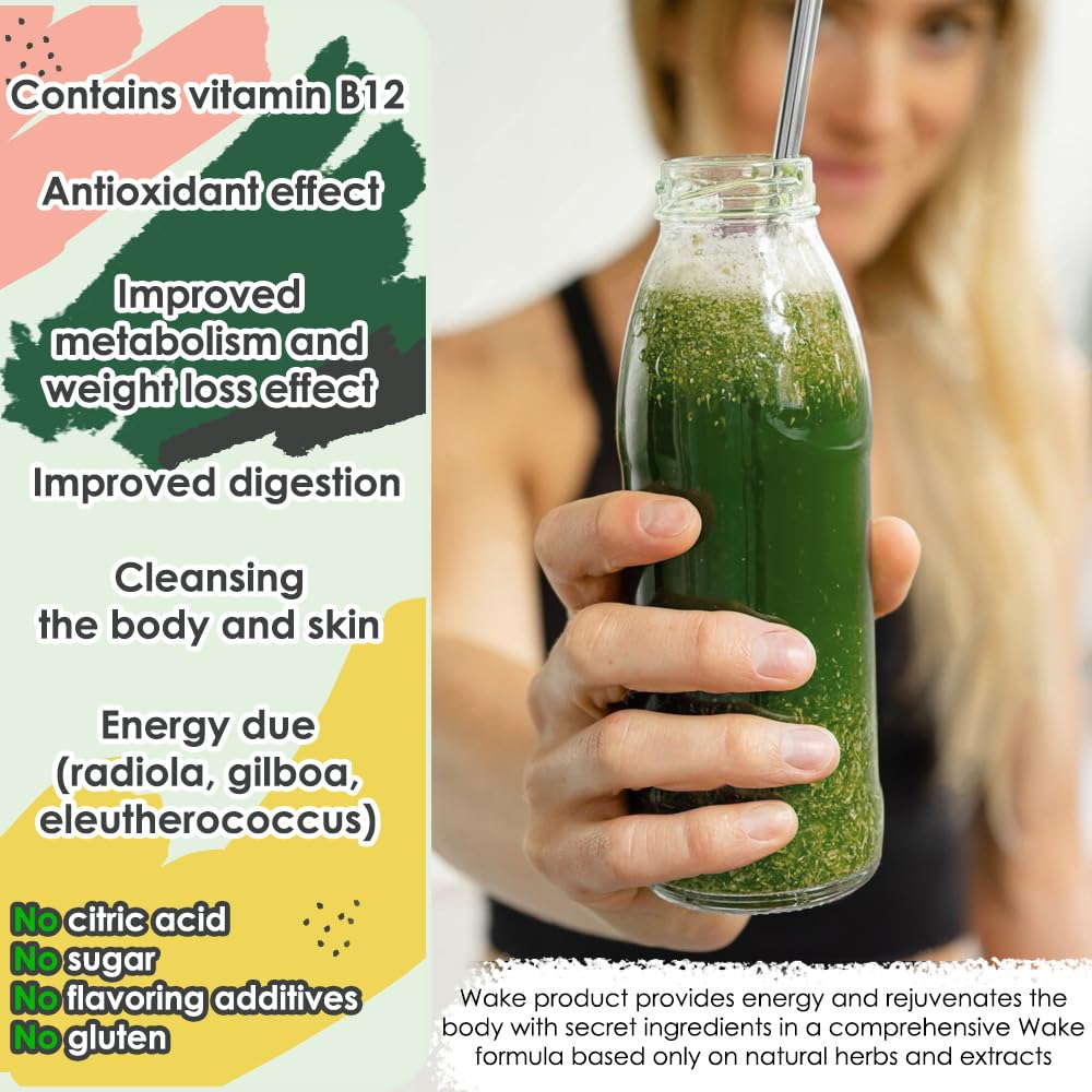 Wake Greens being added to a glass of juice for daily wellness