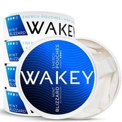 Wakey Energy Pouches Blizzard Mint bottle shows caffeine boost in a sugar-free format