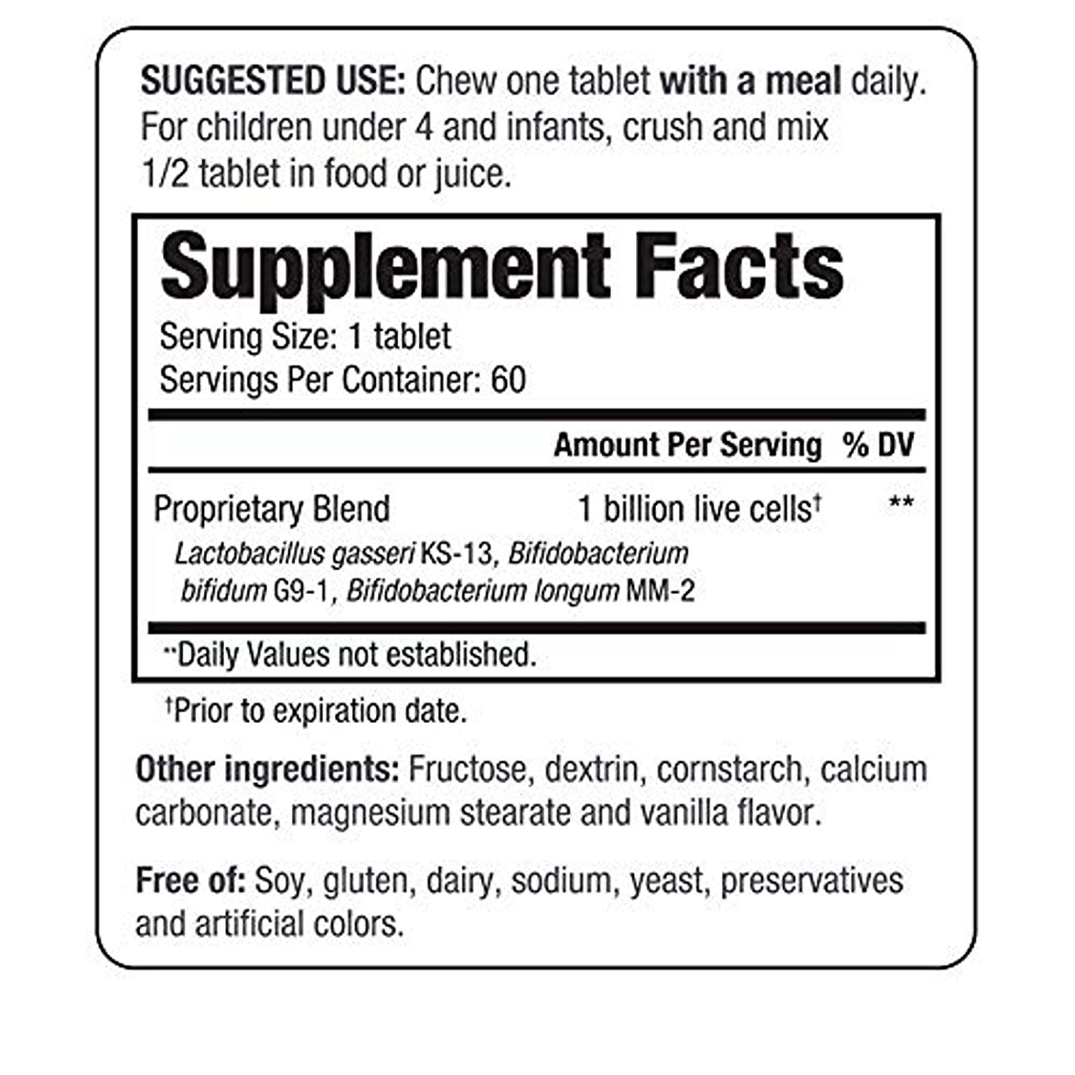 Chewable kid-friendly probiotic with L. gasseri, B. bifidum, B. longum