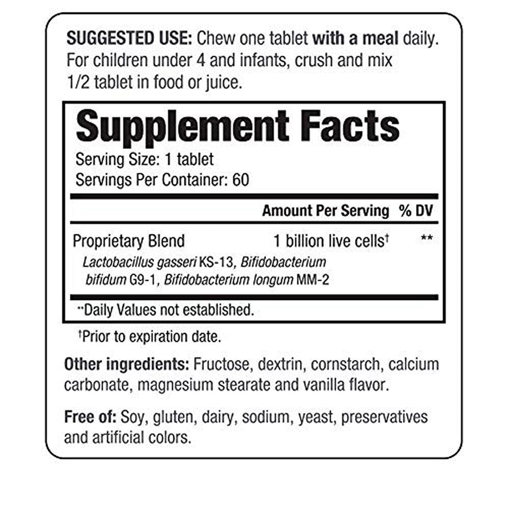 Chewable kid-friendly probiotic with L. gasseri, B. bifidum, B. longum
