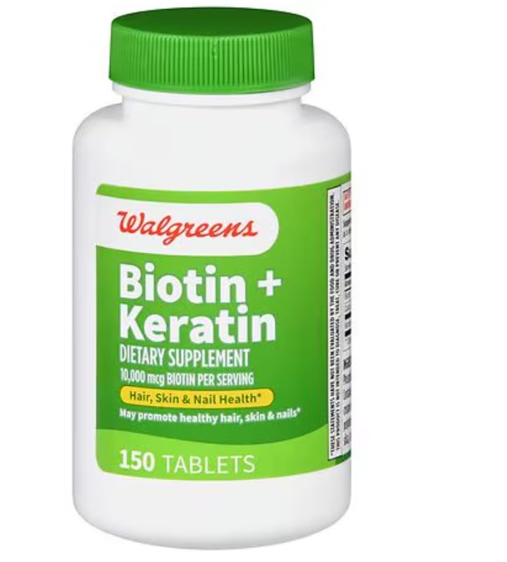Bottle of Walgreens Biotin + Keratin 150-count tablets