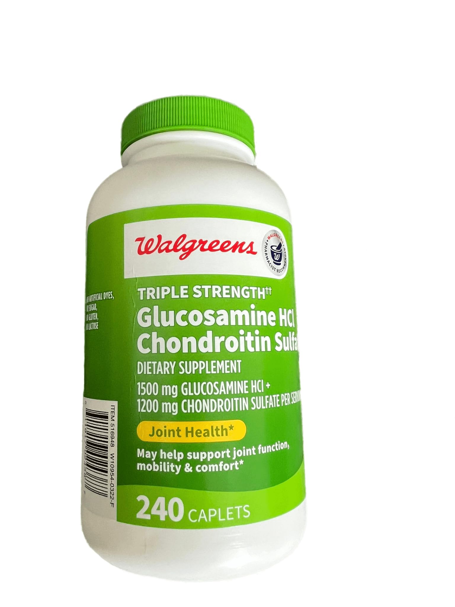Front view of Walgreens Glucosamine Chondroitin Triple Strength bottle and caplets