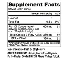Nutrition label showing 330 mg EPA + DHA per softgel for Walgreens half-size fish oil