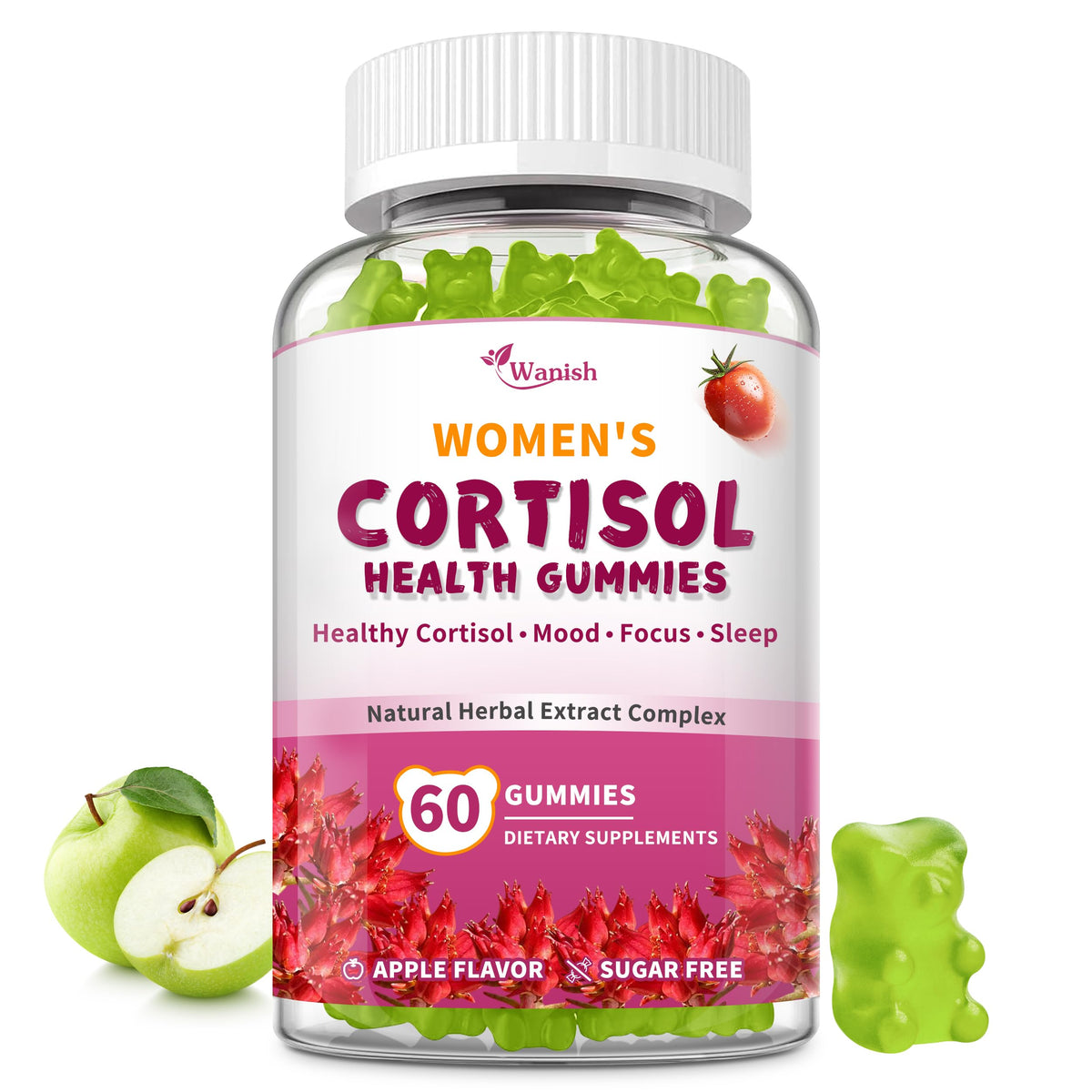 Wanish front packaging showing apple-flavored vegan gummies and benefits
