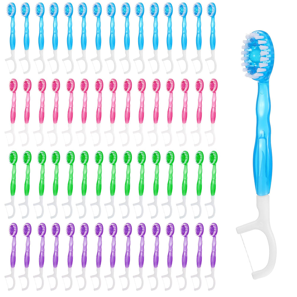 Wanmu 60-pack disposable mini travel toothbrushes with 5-in-1 design in assorted colors
