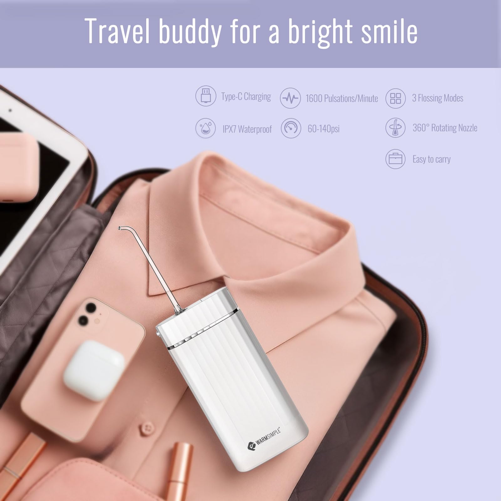 Close-up of WARMSIMPLE cordless water flosser with USB charging